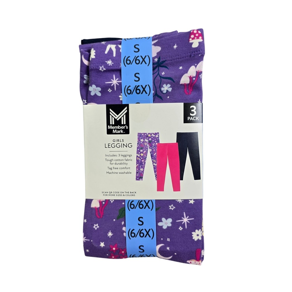 Member's Mark Legging Girls Size S 6/6X Purple Pink Navy 3 Pack Floral New